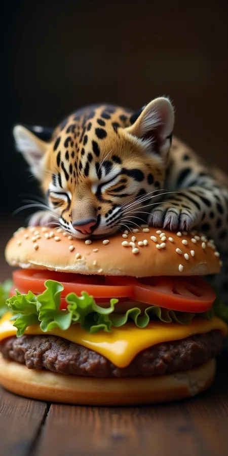 a baby jaguar, fell asleep on a big cheeseburger, fat and too much to eat