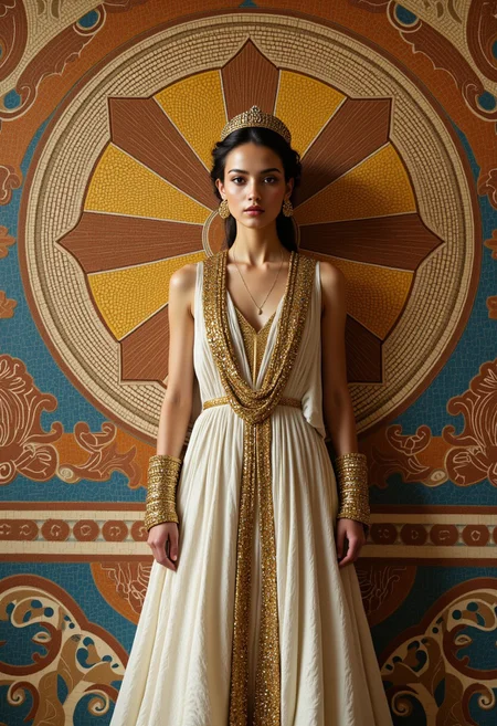 A Byzantine empress with a small crown in front of a large Byzantine mosaic with a very delicate and detailed religious patterns. She stands very close to the wall behind her so that the Byzantine mosaic is sharp and clearly visible. The full body is visible. The image also features gold jewellery, intricate details and warm colours. midjourney_whisper_avant_couture