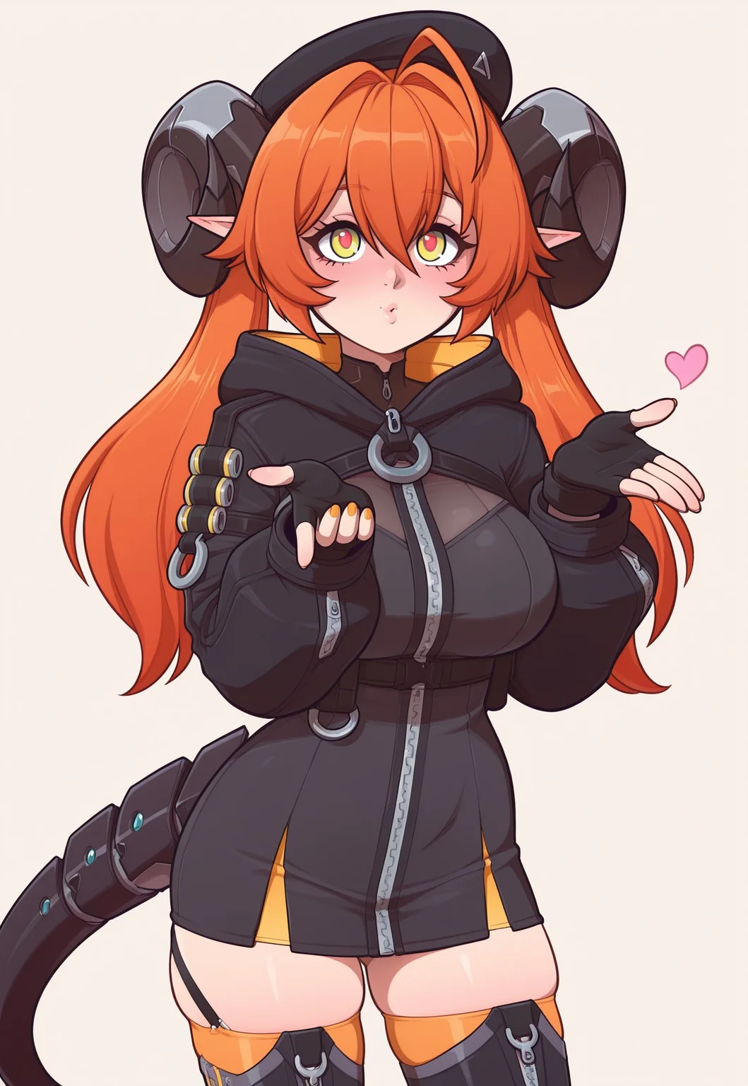 masterpiece, best quality, amazing quality, very aesthetic, absurdres, best quality, 4k, upscale, indoors,corpheus, 1girl, solo, gloves, yellow eyes, multicolored eyes, ahoge, pointy ears, black jacket, long sleeves, black headwear, beret, bangs, orange hair, zipper, twintails, thighhighs, horns, long hair, fingerless gloves, black footwear, long sleeves, hair intakes, breasts, black gloves, hair between eyes, skindentation, bangs, mechanical tail, lineless, 5p4rr0w, artist style, upper body, blowing kiss, blushed, slight smile, simple background