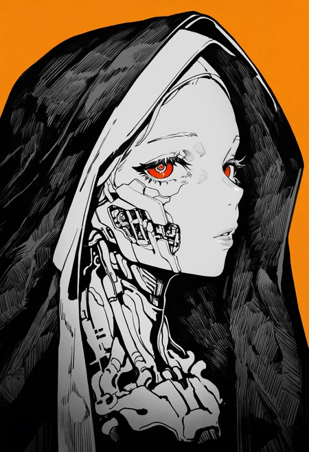 hatching\(texture\),monochrome, 1girl, nun, solo, red eyes, cross, habit, cyborg, eyelashes, parted lips, orange background, science fiction, glowing, lips, looking at viewer, mechanical parts, forehead, portrait, cyberpunk, BREAK,highres,absurdres,masterpiece,newest,best quality,Visual impact,very awa,very aesthetic,amazing quality