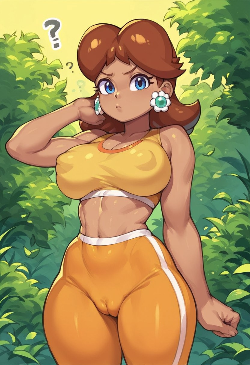 score_9, score_8_up, score_7_up, masterpiece, Princess Daisy, Sports bra, spats, cameltoe, nipple bulge, confused expression, looking at viewer, contrapposto,  
Outside Setting