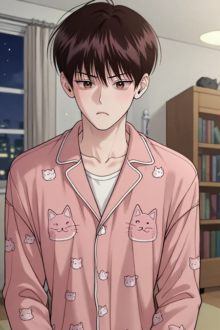 score_9, score_8_up, score_7_up,score_6_up,score_5_up,score_4_up,source_anime,BREAK, rating_safe, intricate details , , , anime screencap, anime coloring, official style, depth of field,1boy, solo, male focus , , , <lora:yo_il:0.77>,won yo il,dark brown hair,brown eyes,short hair,long sleeves, closed mouth, collarbone,upper body, collared pajamas, indoors, chair,cat, animal print,pout, pajamas,pink pajamas, :t, bookshelf,bedroom,night , , , <lora:sdxl_lightning_8step_lora_315544:1>