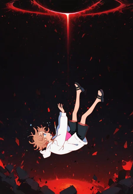 masterpiece, best quality, amazing quality, absurdres, very aesthetic, newest, intricate details, dynamic lighting, 1girl, solo, light brown hair, short hair, messy hair, blue eyes, white hoodie, open hoodie, pink camisole, black trousers, short trousers, black sandals, small breasts, skinny, short, scared, anxious, crying, falling, looking up, reaching out, flailing legs, side view, from afar, black background, faint red lights background, red rings, red swirls, red black hole, falling debris, blending