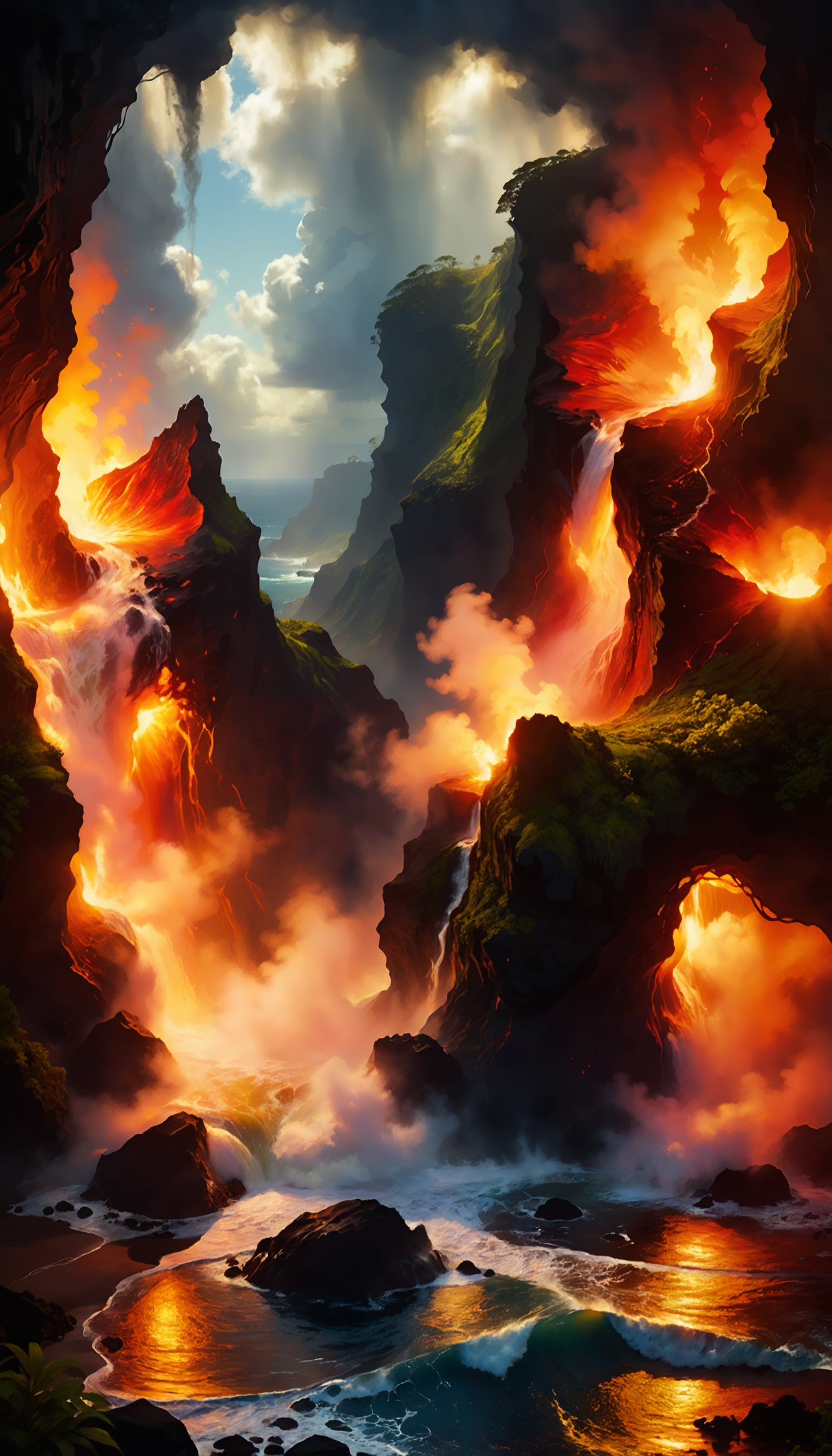 famous artwork by (maurice sapiro:1.4) and (seb mckinnon:1.4) and (allen williams:1.3), beautiful painting of the hawaii volcanoes national park, fiery lava flows into the churning sea and creates billowing steam clouds, steaming craters, (lush green rainforests:1.1) atop a towering cliff overlooking the azure waters of the ocean, cascading waterfalls, (dramatic sky:1.2), raw volcanic power, force of nature, fiery, ovg, dramatic, scenic, awe-inspiring, crepuscular rays, ultra detailed, 8k, uhd <lora:add-detail-xl:2.4> <lora:more_artful-xl:0.6> <lora:lyco-style-envydramaticlightingxl01_digital_art-xl:0.8> <loractl:envybetterhiresfixxl01-xl:0.2:hr=1.0>