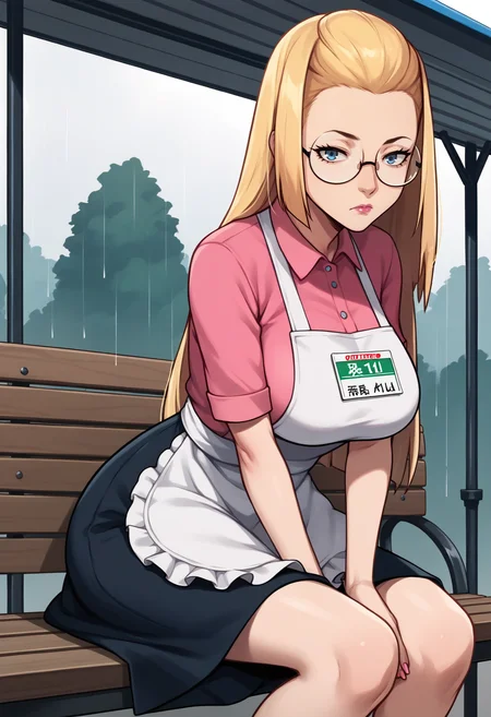 score_9, score_8_up, score_7_up, source_anime, 1girl, sitting, looking at viewer, bored, hands on lap, <lora:SilviaVJ-pdxl:1> silvia, blonde hair, long hair, glasses, round eyewear, blue eyes, lipstick, pink lips, large breasts, employee uniform, white apron, skirt, pink nails, bare legs, bench, bus stop, rain