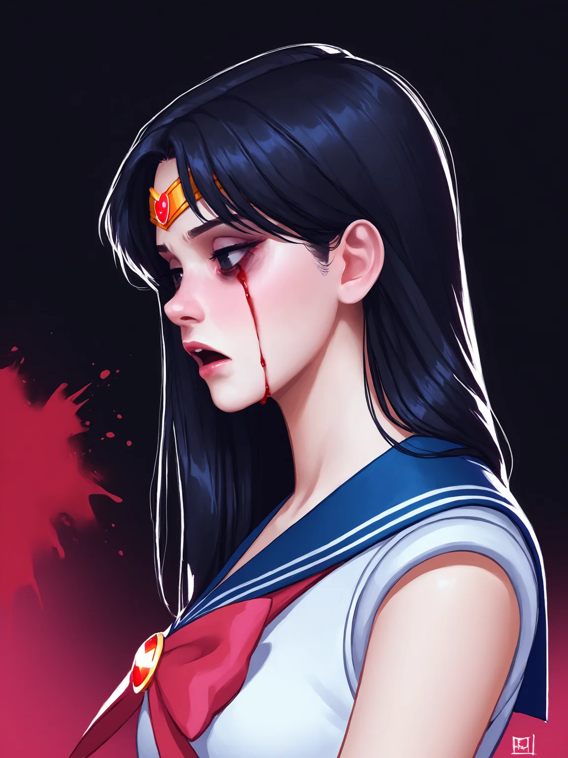 score_9, score_8_up, score_7_up, score_6_up, score_5_up, score_4_up, rating_safe
BREAK
sailor mars, circlet, black hair, black eyes, looking away, tired, half-closed eyes, bags under eyes, sigh, open mouth, looking down, blood on face, blood splatter,
BREAK
solo, portrait, magical girl, red serafuku, from side, holding gun, handgun, blood on weapon,
BREAK
black background, <lora:Lunas-KyuyongEom-SDXL-A1:1>