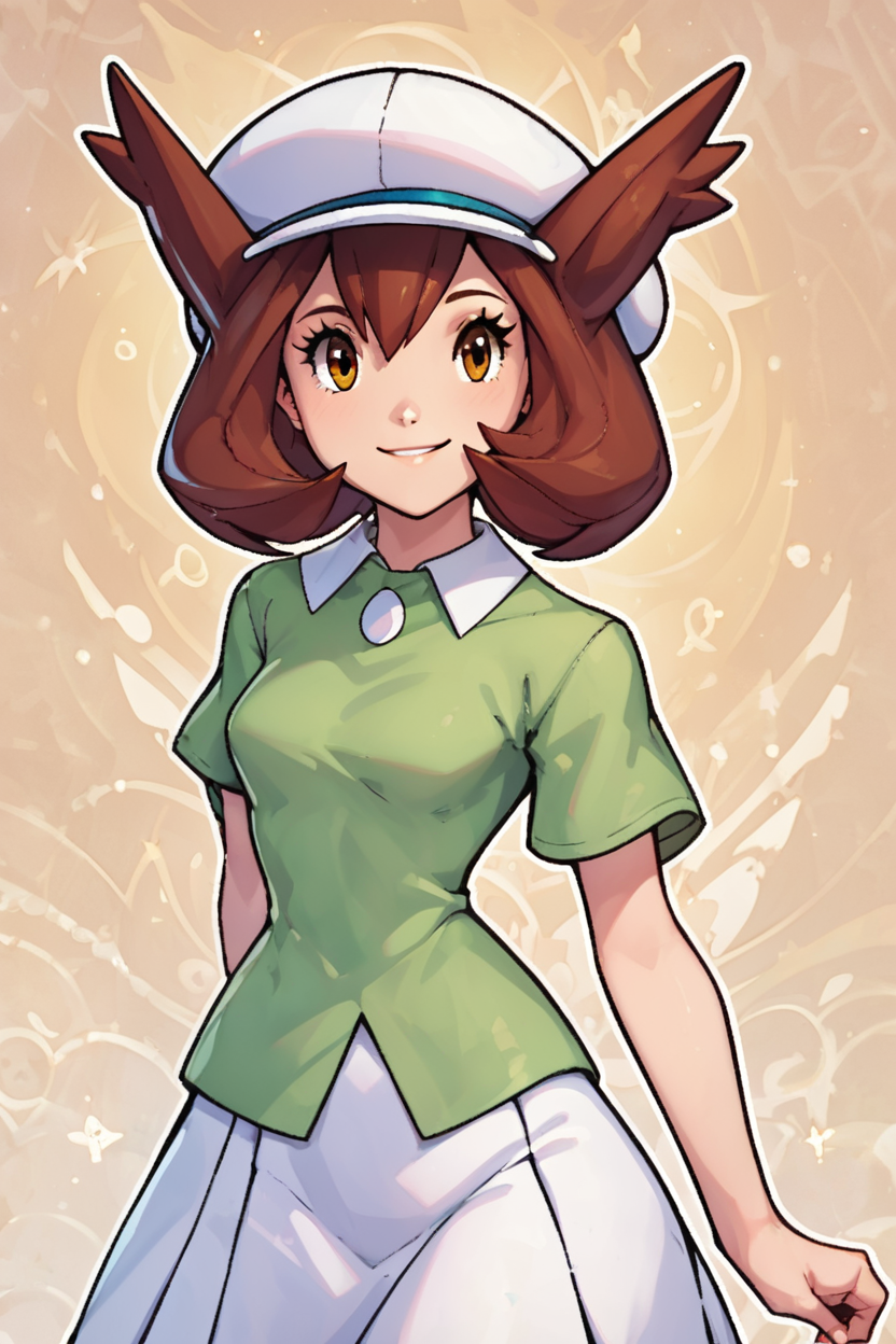 score_9, score_8_up, score_8, medium breasts, (curvy), cute, eyelashes,       BREAK, , zzBianca, brown hair, brown eyes, medium hair, hair between eyes, short sleeves, green shirt, collared shirt, white hat, skirt, white skirt, <lora:Bianca_PokemonHeroes_PDXL_v2:0.7>,, BREAK, smile, looking at viewer,  abstract background, white outline, cowboy shot, embedding:zPDXL, Expressiveh, <lora:CatalystStylePDXL:0.6>,  <lora:SDXLFaeTastic2400:0.5>,  <lora:Expressive_H-000001:0.4>,