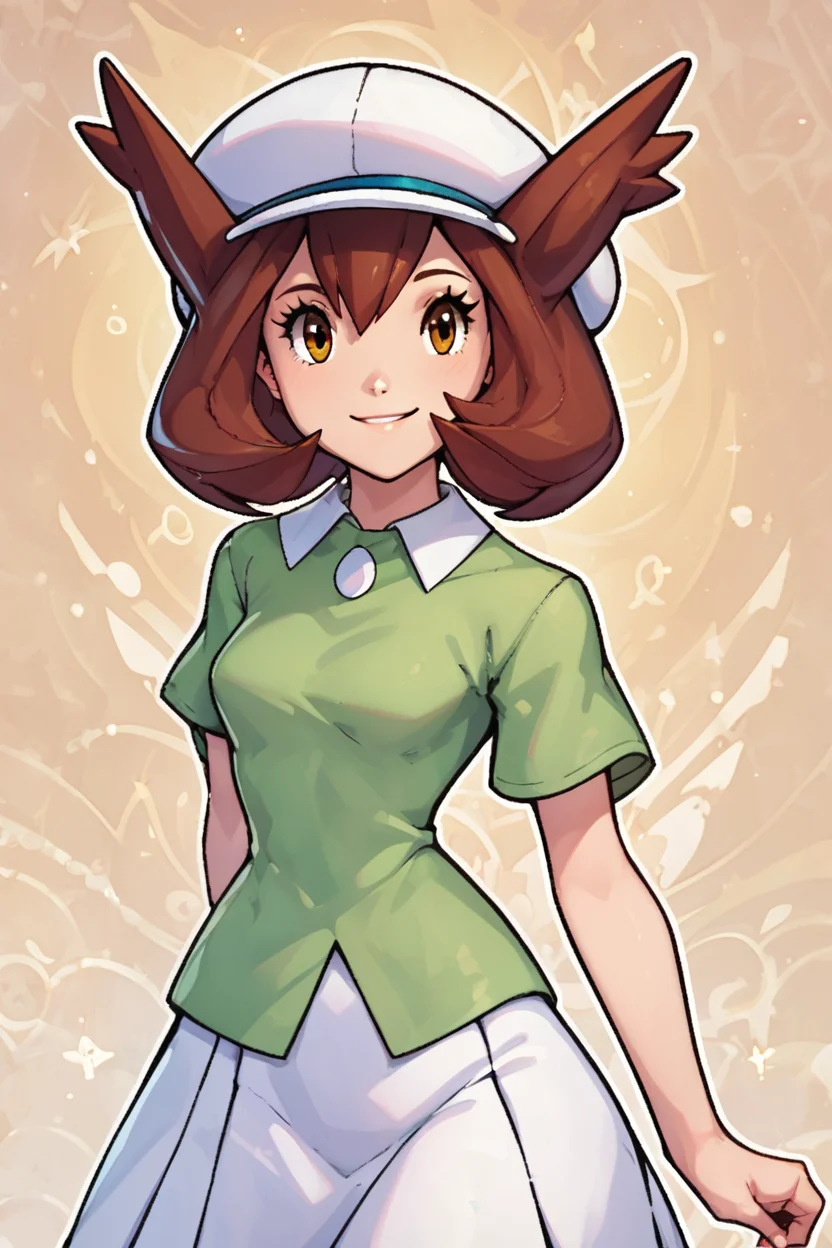 score_9, score_8_up, score_8, medium breasts, (curvy), cute, eyelashes, BREAK, , zzBianca, brown hair, brown eyes, medium hair, hair between eyes, short sleeves, green shirt, collared shirt, white hat, skirt, white skirt, <lora:Bianca_PokemonHeroes_PDXL_v2:0.7>,, BREAK, smile, looking at viewer, abstract background, white outline, cowboy shot, embedding:zPDXL, Expressiveh, <lora:CatalystStylePDXL:0.6>, <lora:SDXLFaeTastic2400:0.5>, <lora:Expressive_H-000001:0.4>,