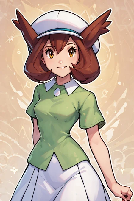 score_9, score_8_up, score_8, medium breasts, (curvy), cute, eyelashes, BREAK, , zzBianca, brown hair, brown eyes, medium hair, hair between eyes, short sleeves, green shirt, collared shirt, white hat, skirt, white skirt, <lora:Bianca_PokemonHeroes_PDXL_v2:0.7>,, BREAK, smile, looking at viewer, abstract background, white outline, cowboy shot, embedding:zPDXL, Expressiveh, <lora:CatalystStylePDXL:0.6>, <lora:SDXLFaeTastic2400:0.5>, <lora:Expressive_H-000001:0.4>,