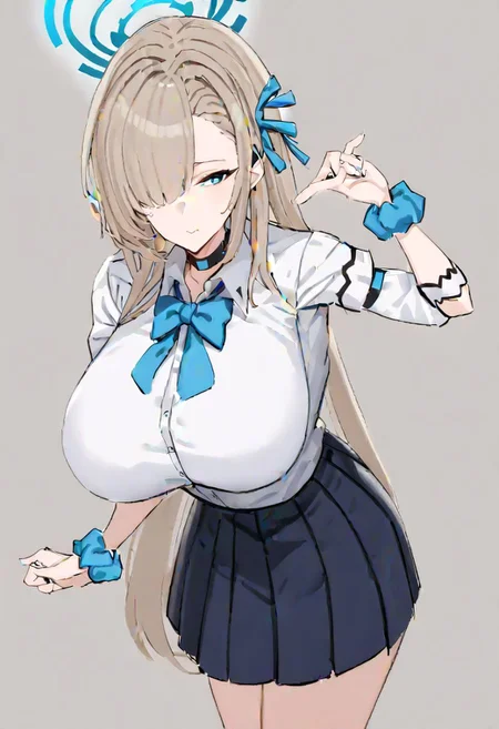 asuna \(blue archive\), 
light_brown_hair, blue_eyes, long_hair, large_breasts, hair_over_one_eye, black_choker, black_skirt, blue_bow, blue_bowtie, blue_halo, blue_ribbon, blue_scrunchie, collared_shirt, gluteal_fold, hair_ribbon, halo, long_sleeves, pleated_skirt, white_shirt, wrist_scrunchie, 
masterpiece, best quality, very aesthetic, absurdres, 1milf, 1adult, solo, full_body, tachi-e,