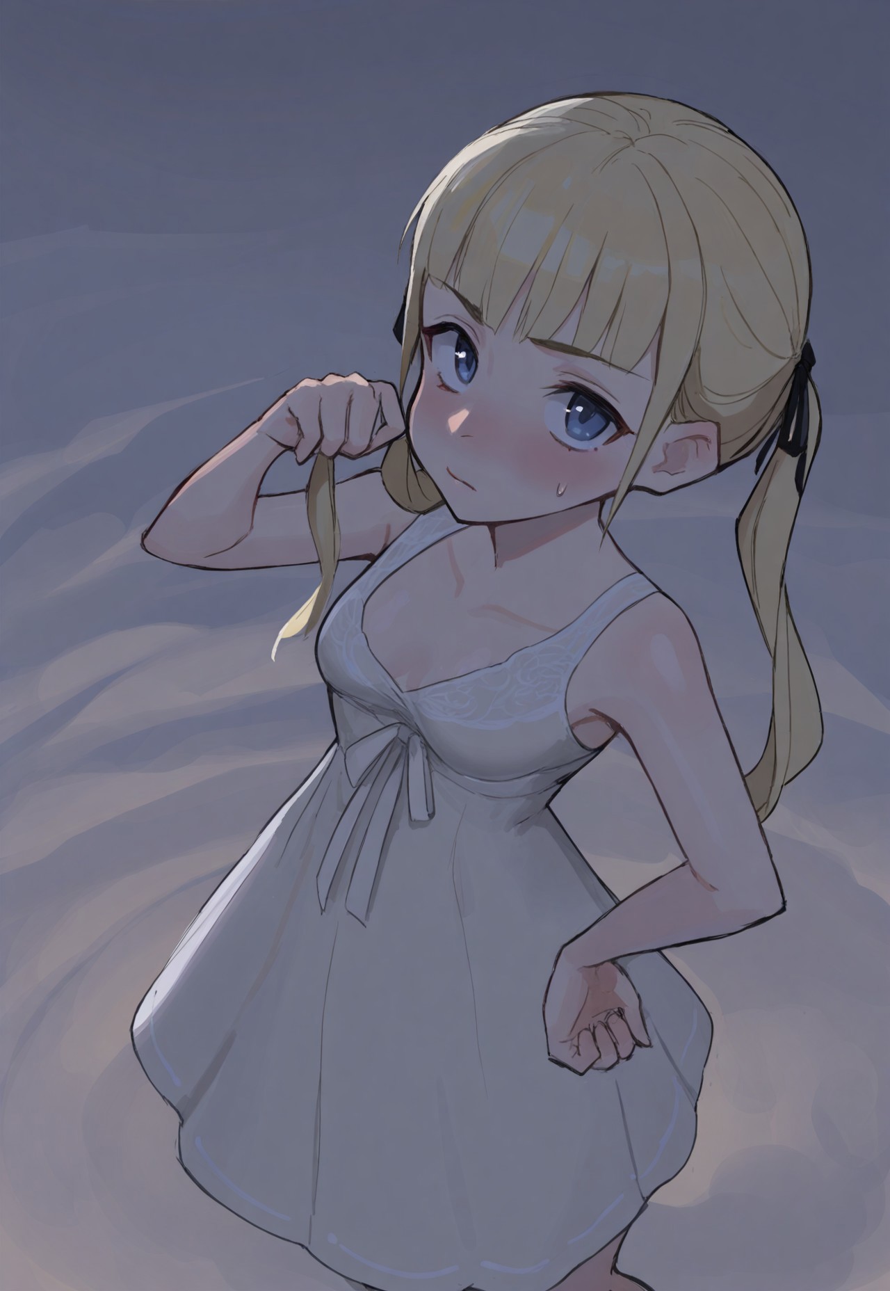 safe_pos, amega4, masterpiece, best quality, aesthetic, muted colors, wide angle, from above, looking up, upperbody, 1girl, one hand on hip, outdoors, blue skies, windy day, Airi Akizuki ,long hair,blonde hair,high twintails,hair ribbon, small breasts, yellow loose summer dress, low cut dress, slight blush, looking at viewer, warm lighting, 