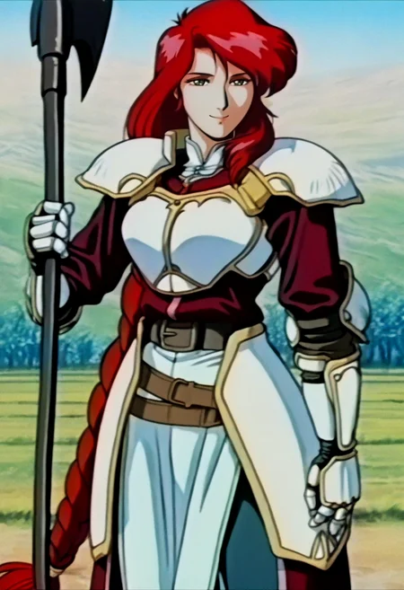 masterpiece, best quality, solo, looking at viewer, 1girl, smile, <lora:FeOVA_GLoRA-illus_Fp:1>, retro artstyle, <lora:fetitania-illu-nvwls-v1:1>, dfttna, red hair, green eyes, braided ponytail, armor, shoulder armor, red coat, gauntlets, belt, pelvic curtain, pants, holding axe, field,