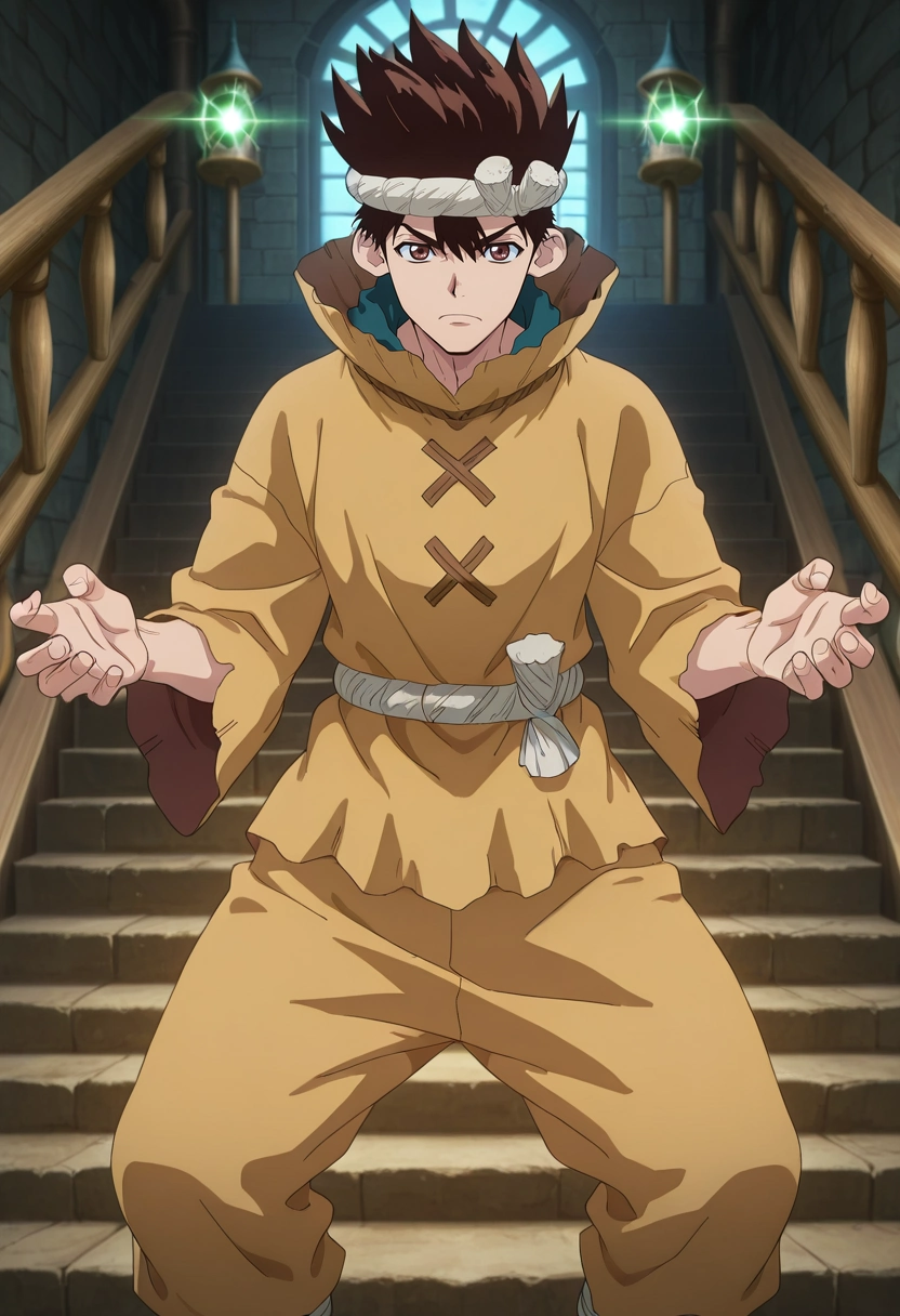 masterpiece, best quality, intricate details, anime screencap, anime coloring, official style, , 1boy, solo, male focus, <lora:chrome_dr_stone_ilxl:0.92>, chrome_dr_stone, brown hair, brown eyes, short hair, spiked hair, , enchanted tower, magical windows, floating stairs, spell circles, casting pose, concentrated expression, magical lighting, scarecrow costume