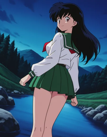 official style,Higurshi kagome (2000s anime analog),retro artstyle,black hair,long hair,bangs,brown eyes,school uniform,serafuku,green sailor collar,red neckerchief,white shirt,green pleated skirt,
looking at viewer,
(from behind:2),
medium large breasts,
perky breasts,explicit,hair between eyes,(bold:3.12),thick outline,black outline,harsh lines,soft lines,deluster,boldline,curvy,slim,(hat:-1),
smile,
dutch angle,(anime screencap),(anime coloring:1.2),anime screenshot, animated painting, animated gif,2d cel anime,anime cap,anime,anime style,anime cel,Cel shading,cel shaded,soft brightness,perfect face,perfect nose, perfect hair, perfect eyes,perfect female body,perfect skin,a face of perfect proportion,perfect lighting,perfect anatomy,perfect proportion,perfect hands,perfect legs,perfect fingers,masterpiece,super fine illustration,best quality,very aesthetic,absurdres,16k,intricate detail,amazing quality,detailed linework,vibrant colors,kawaii,flat color,sky,mountain,forest,night,river,field,Stone Wall,
<lora:ç¬å¤åæ¥æ®ããã2000年代ã¢ãã¡ã¢ããã°ä½ç»é¢¨illustriousInuyashaHigurashi_Kagome2000s_anime_analog_painting_Styleillustrious:1:0.8>