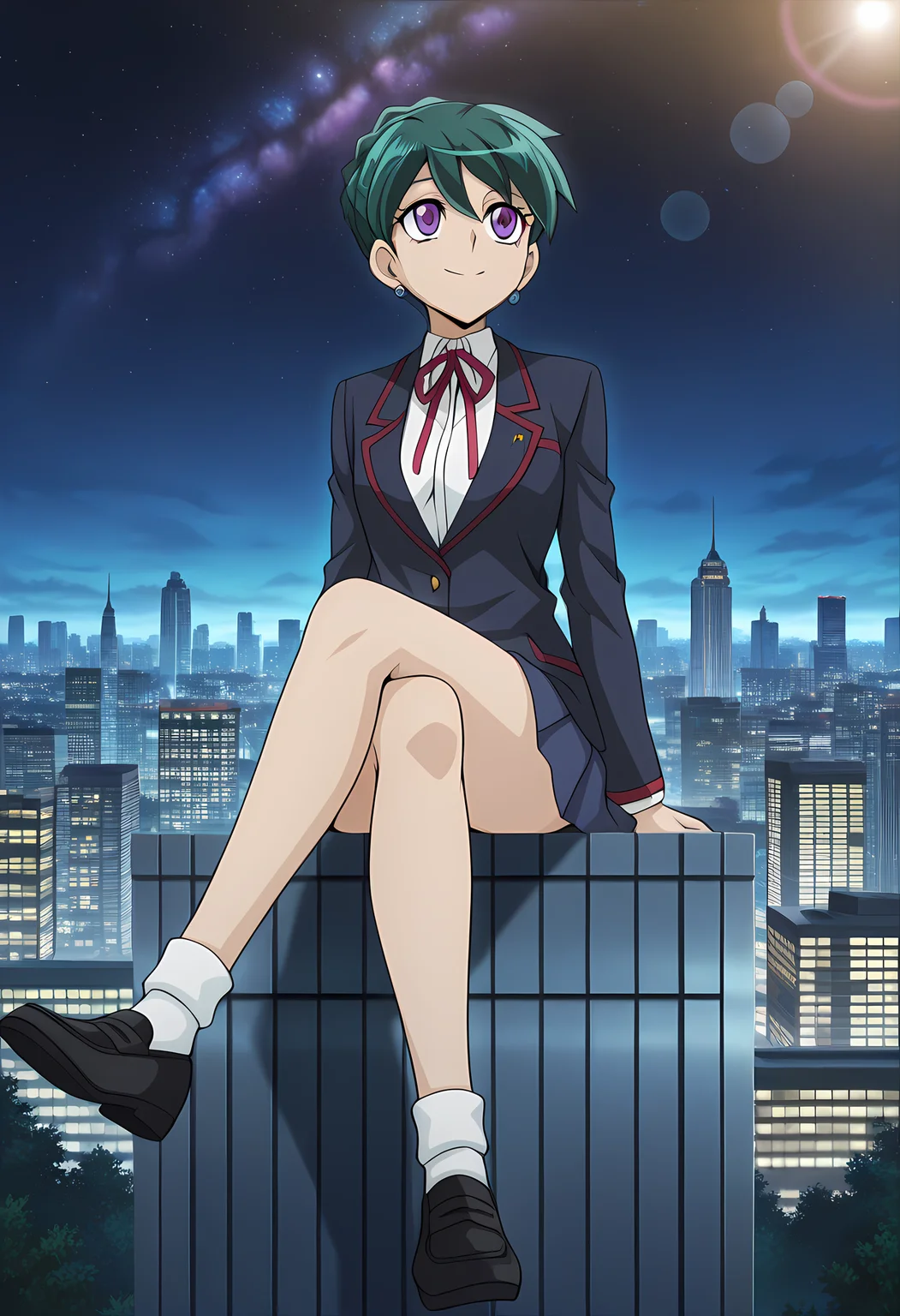 masterpiece,best quality,amazing quality,
1girl, solo,
Akari Yotsue (Cardfight Vanguard), short hair, green hair, braid, purple eyes, school uniform, jewelry, earrings, neck ribbon, white shirt, blazer, long sleeves, pleated skirt, white socks, shoes, black footwear,
looking up, smile,
cinematic, cross legs, crossing legs,
Outdoors, night, On top skyscraper, galaxy sky,
Lens flare, bloom,
Official style, anime screencap, anime coloring,