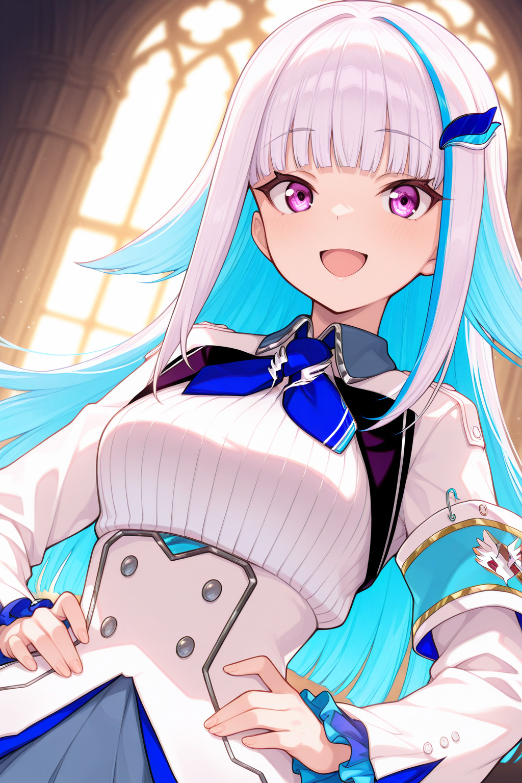 1girl, LizeHelestaNijisanji, 
general, solo, dutch angle, upper body,
purple eyes, looking at viewer,
\:D,
long hair, white jacket, double-breasted,
hands on waist, frilled sleeves, armband, safety pin, 
blue necktie,
collared shirt, large breasts,
in the castle,
<lora:kp_LizeHelestaNijisanji1stCostumeIllustrious_v1_0:1.0>,
masterpiece, best quality, amazing quality