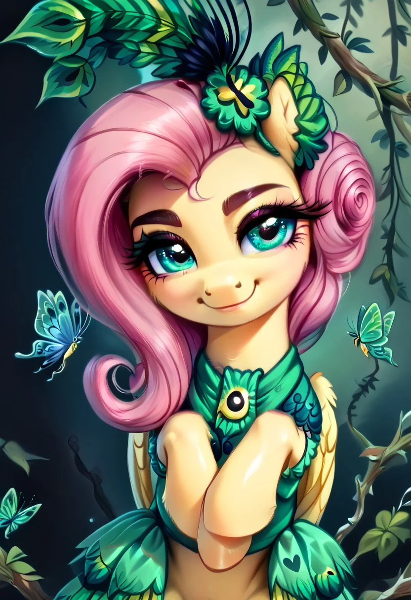 masterpiece, score_9, score_8_up, score_7_up, score_6_up, (best quality:1.1), ultra-detailed, high resolution, (solo), (1WOMAN), (FERAL PONY), (PEGASUS PONY), (FLUTTERSHY) ((light pink hair:1.4)), (highly detailed hair:1.4), (green feather hair accessory:1.4), (highly detailed pony face:1.5), (beautiful detailed turquoise eyes:1.5), (soft smile:1.5), (wide cute innocent eyes:1.5), (long lashes eyelashes:1.5), (detailed pony nuzzle:1.5), (detailed pony ears:1.5), (light yellow shiny skin:1.5),(green peacock feather dress:1.5), (detailed hooves:1.5), (green feather peacock background:1.5), (green butterflies background:1.5), (green vine leafs framing the image:1.5), (green feathers all around:1.4), (dynamic pose:1.5), (green lighting:1.5), high quality, sharp, the quality of ai art is frightening, highly detailed, Highly Visible, sharp focus, high detail, detailed background