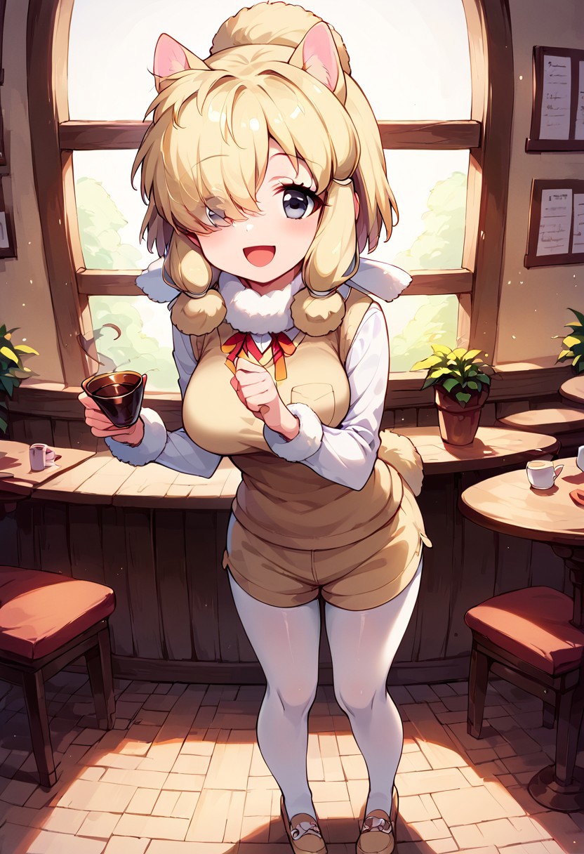 1girl, ((solo)), best quality, ultra-detailed, extremely detailed, perfect anatomy, masterpiece, score_9, score_8_up, score_7_up, Expressiveh, alpaca suri (kemono friends), alpaca ears, hair over one eye, bangs, blonde hair, grey eyes, sidelocks, hair tubes, hair bun, tail, short hair, horizontal pupils, fur scarf, white pantyhose, long sleeves, fur collar, fur trim, neck ribbon, white shirt, sweater vest, shorts, pantyhose, breast pocket, fur-trimmed sleeves, shoes, standing, open mouth smile, smile, cute, full body, cafe background, in a cafe, indoors, window with light, countertop, tables, chairs, leaning forward, dutch angle, contrapposto, full-length portrait, happy, eager, holding tea kettle,  looking at viewer,
