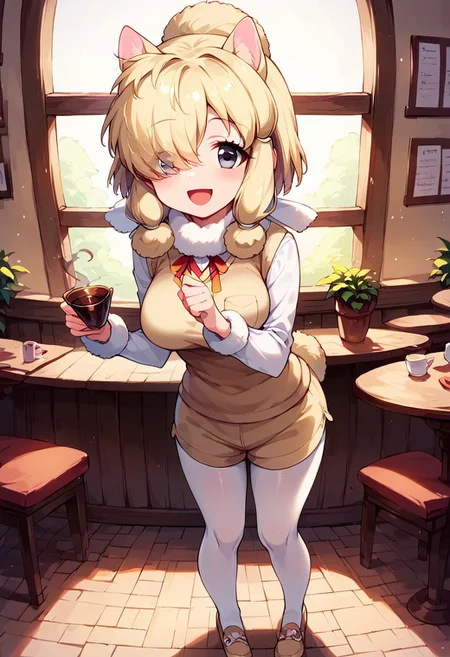1girl, ((solo)), best quality, ultra-detailed, extremely detailed, perfect anatomy, masterpiece, score_9, score_8_up, score_7_up, Expressiveh, alpaca suri (kemono friends), alpaca ears, hair over one eye, bangs, blonde hair, grey eyes, sidelocks, hair tubes, hair bun, tail, short hair, horizontal pupils, fur scarf, white pantyhose, long sleeves, fur collar, fur trim, neck ribbon, white shirt, sweater vest, shorts, pantyhose, breast pocket, fur-trimmed sleeves, shoes, standing, open mouth smile, smile, cute, full body, cafe background, in a cafe, indoors, window with light, countertop, tables, chairs, leaning forward, dutch angle, contrapposto, full-length portrait, happy, eager, holding tea kettle,  looking at viewer,