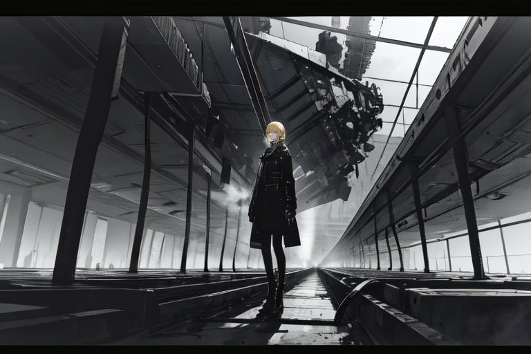 highly insanely detailed, masterpiece, top quality, best quality, highres, 4k, 8k, RAW photo, (very aesthetic, beautiful and aesthetic),  
tsutomu nihei,nihei_tsutomu,blame!,blame gakuen!,abara,TNstyle,sidonia_no_kishi,(sidonia \(ship\),space,spacecraft,deep horizon,mausoleum),clouds,fog,steam,tentacles,letterboxed,toha heavy industries,air conditioner,walkway,bridge,bones,lantern,dome,drainpipe,gauna,gauna mech,light particles,ventilation fan,ventilation shaft,dark sky,black sky,machinery,wire,fence,star \(sky\),starry sky, 
<lora:blameLora_v10:0.6>, 
(1girl:1.3), 
solo focus, 
honey blonde background,âââ