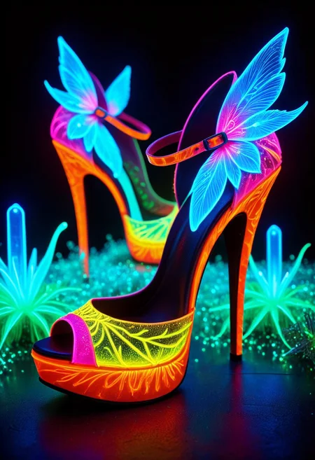 An epic photo of an avant-garde bioluminescent highheel, bioluminescent landscape, neon color, masterpiece, best quality, highly detailed, sharp focus, dynamic lighting, flux-style,