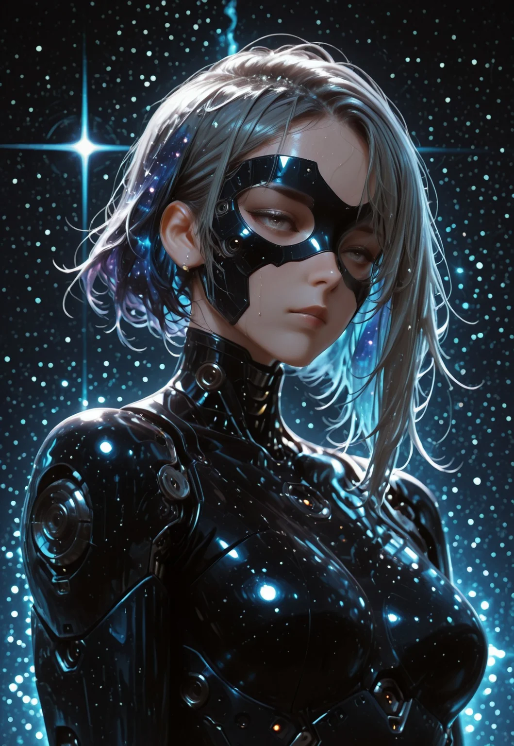 very aesthetic, high resolution, high quality, amazing quality, detailed, masterpiece, absurdres, simple background, galaxy, starry sky background, (volumetric lighting, scenery), score_9, score_8_up, score_7_up, Avarice /style/, BREAK BREAK, (1girl, solo), woman, mature_female, Jedcyb3er, cyborg body, Long hair, side cut, galaxy starry hair, asymmetrical hair, gray eyes, vivid eye color, (beautiful eyes:1.2), (gradient iris, crisp iris edges), (looking_at_viewer), (cybord body, galaxy hologram mask, holding planet), lean body, fit body proportion, sweaty, wet sweat, wet body, wet hair, standing pose, fighting stance, half-body portrait, BREAK,