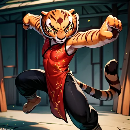 score_9, score_8_up, score_7_up, score_6_up, score_5_up, score_4_up, source_anime, Tigress, furry, open eyes, red china dress, dynamic pose fighting