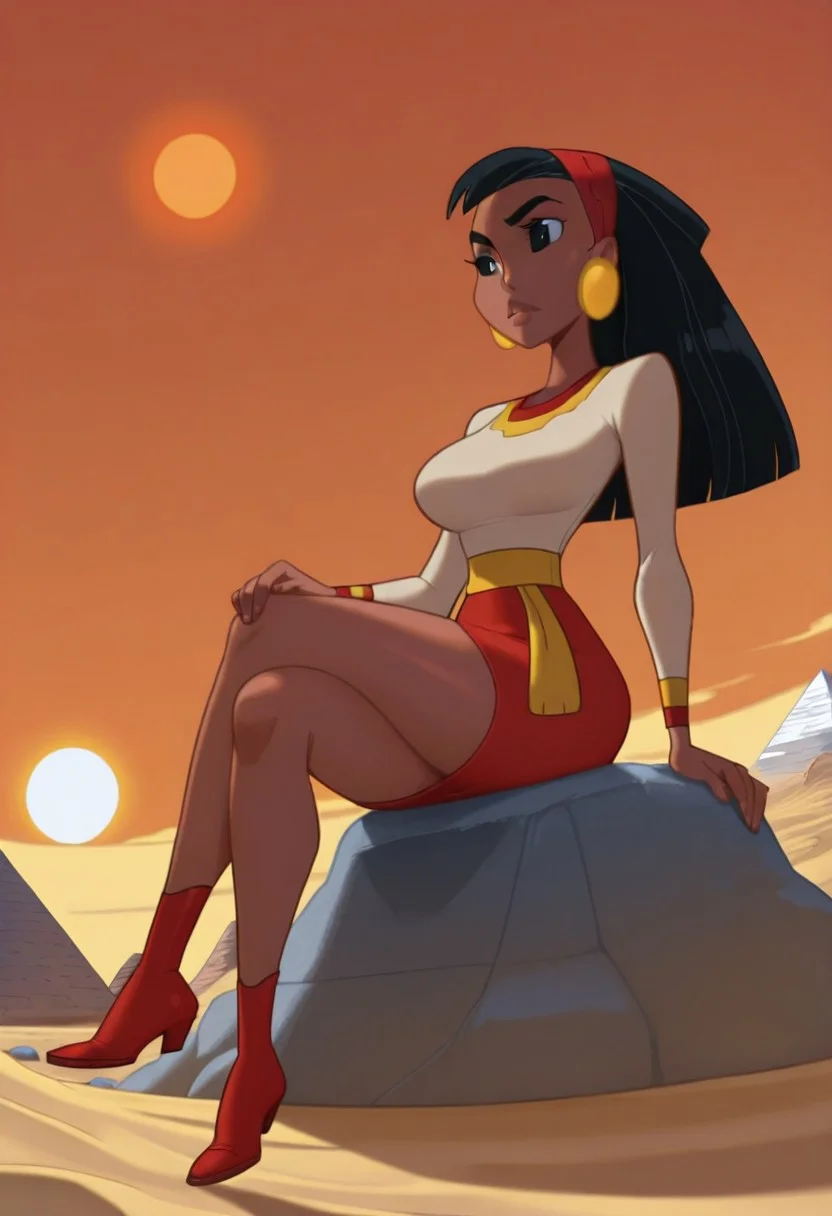 illustriouslogan, solo, malina, black hair, skin, dark skin, jewelry, earrings, long hair, black eyes, hairband, white shirt, skirt, red skirt, shirt, red footwear, large breasts, sitting in rock, white rock, crossed legs, from below, Outdoors, sun, Sky blue, sand, pyramid, rock