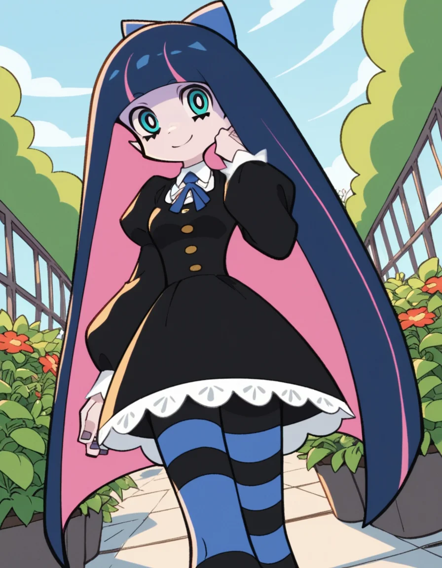 score_9, score_8_up, score_7_up, source_anime, <lora:stocking-anarchy-anime-ponyxl-lora-nochekaiser:1>, stocking anarchy, blue eyes, blue hair, colored inner hair, hair bow, long hair, multicolored hair, pink hair, two-tone hair, bangs, blunt bangs,, striped, striped thighhighs, thighhighs, dress, black dress, puffy sleeves, long sleeves, skirt, shirt, collared shirt, white shirt,, gardening, watering plants, backyard, flowers blooming, sunny day,, smile, , foot forward, hand on shoulder, elbow out, solo,, cowboy shot, dutch angle
