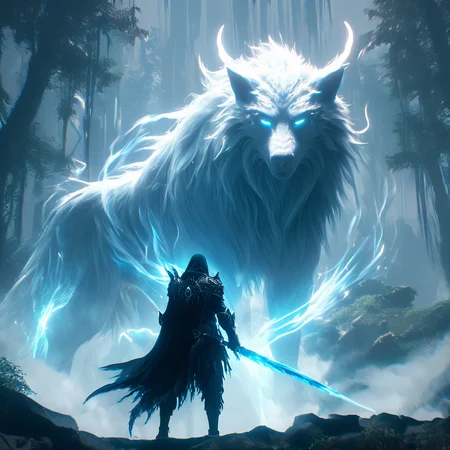a cinematic shot of a fantasy character standing infront of a giant glowing spirit Wolf, magical forest in background, reflective light, bosstyle, HD, masterpiece, best quality, hyper detailed, ultra detailed