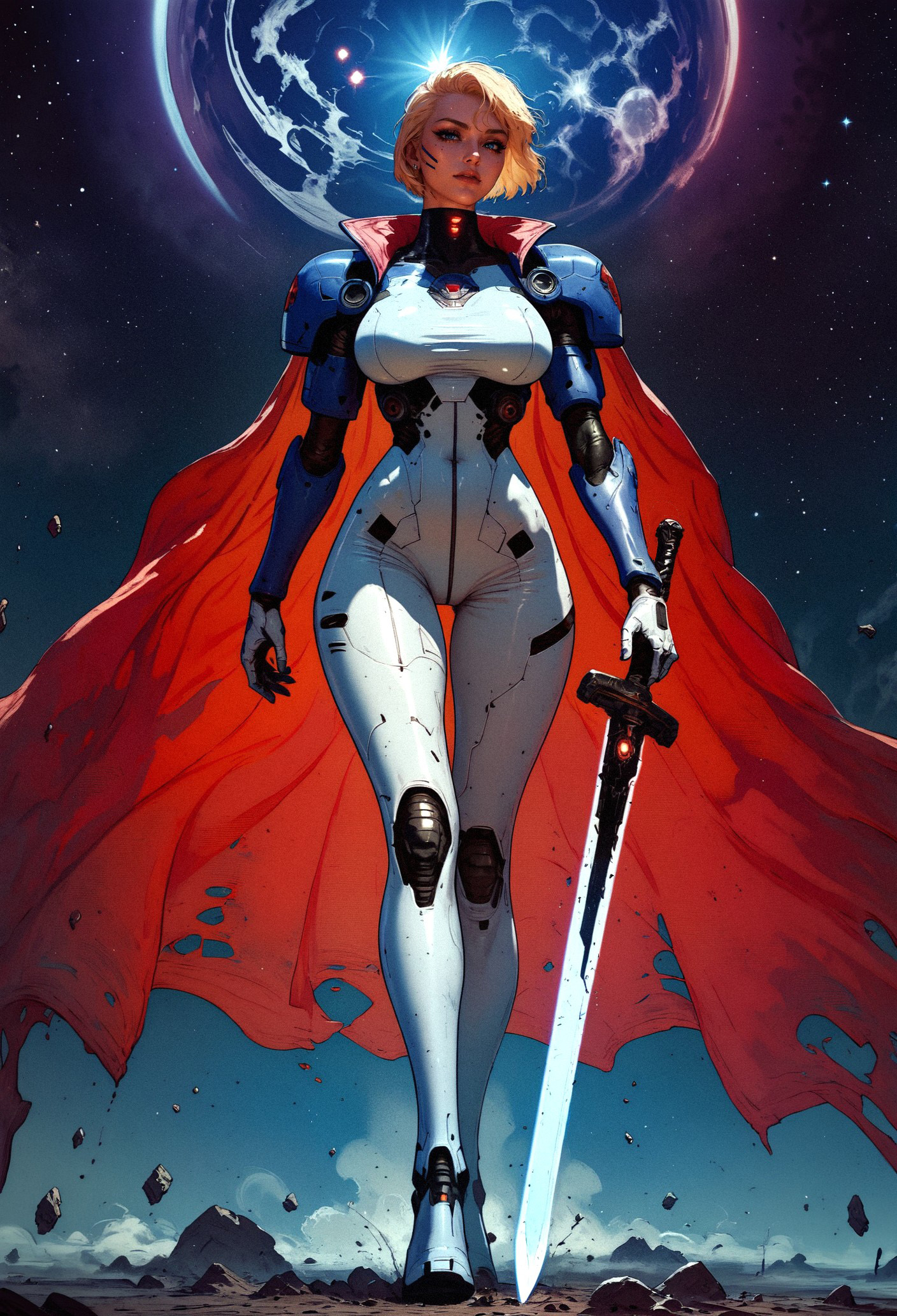 score_9, score_8_up, score_7_up,  woman in a white latex suit, galactic queen, solo, full body, standing, legs, against night sky, galactic throne, star sky, galaxy, hips, large breasts, Star Trek setting, retrofuturism, blonde hair, (very short hair:1.2), high top cut, red cape, (holding a futuristic broadsword and large robotic shield:1.2)  <lora:pony/twilight_style:0.8> concept art <lora:pony/expressiveh:0.8> expressiveh, <lora:pony/kenva:0.7> <lora:sdxl/sinfully_stylish_sdxl>