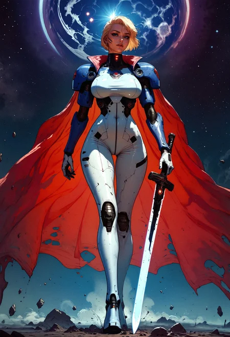 score_9, score_8_up, score_7_up, woman in a white latex suit, galactic queen, solo, full body, standing, legs, against night sky, galactic throne, star sky, galaxy, hips, large breasts, Star Trek setting, retrofuturism, blonde hair, (very short hair:1.2), high top cut, red cape, (holding a futuristic broadsword and large robotic shield:1.2) <lora:pony/twilight_style:0.8> concept art <lora:pony/expressiveh:0.8> expressiveh, <lora:pony/kenva:0.7> <lora:sdxl/sinfully_stylish_sdxl>
