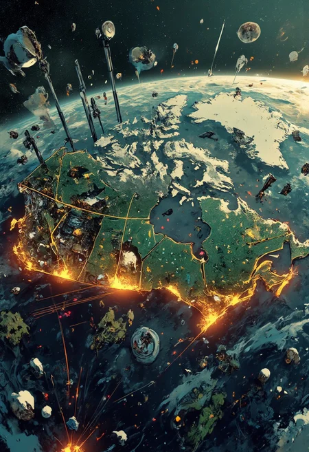 "Mh1$AgThS2
Canada's resource extraction industry has expanded upward into orbit, creating a three-dimensional maple leaf of mining operations extending from traditional territories into space. Captured with a 70-200mm zoom lens set to 135mm from geostationary orbit, the scene shows this industrial marvel against Earth's atmosphere. The orbital mining complex appears as a vast network of extraction platforms connected by transport tubes that maintain perfect maple leaf geometry . The territories within this extended Canada glow with industry-specific colors—gold mining operations in brilliant yellow, uranium processing in eerie green, and diamond extraction in sparkling white. The Canadian Shield hosts the central processing hub, massive elevators carrying materials between surface and orbital facilities along  transit lines. Refineries at boundaries emit controlled plasma exhaust that forms maple leaf patterns, while solar collectors along the structure's outer edge create a distinctive red glow around the entire national industry. A fleet of automated cargo vessels approaches the northern territories, their guidance systems creating laser paths that add to the complex visual geometry.
The entire composition hums with the industrial energy of resource transformation—Canada reimagined as a nation that has expanded its economic foundation into the final frontier.
Thin border of production output measurements showing resource processing rates on an epic border background."
