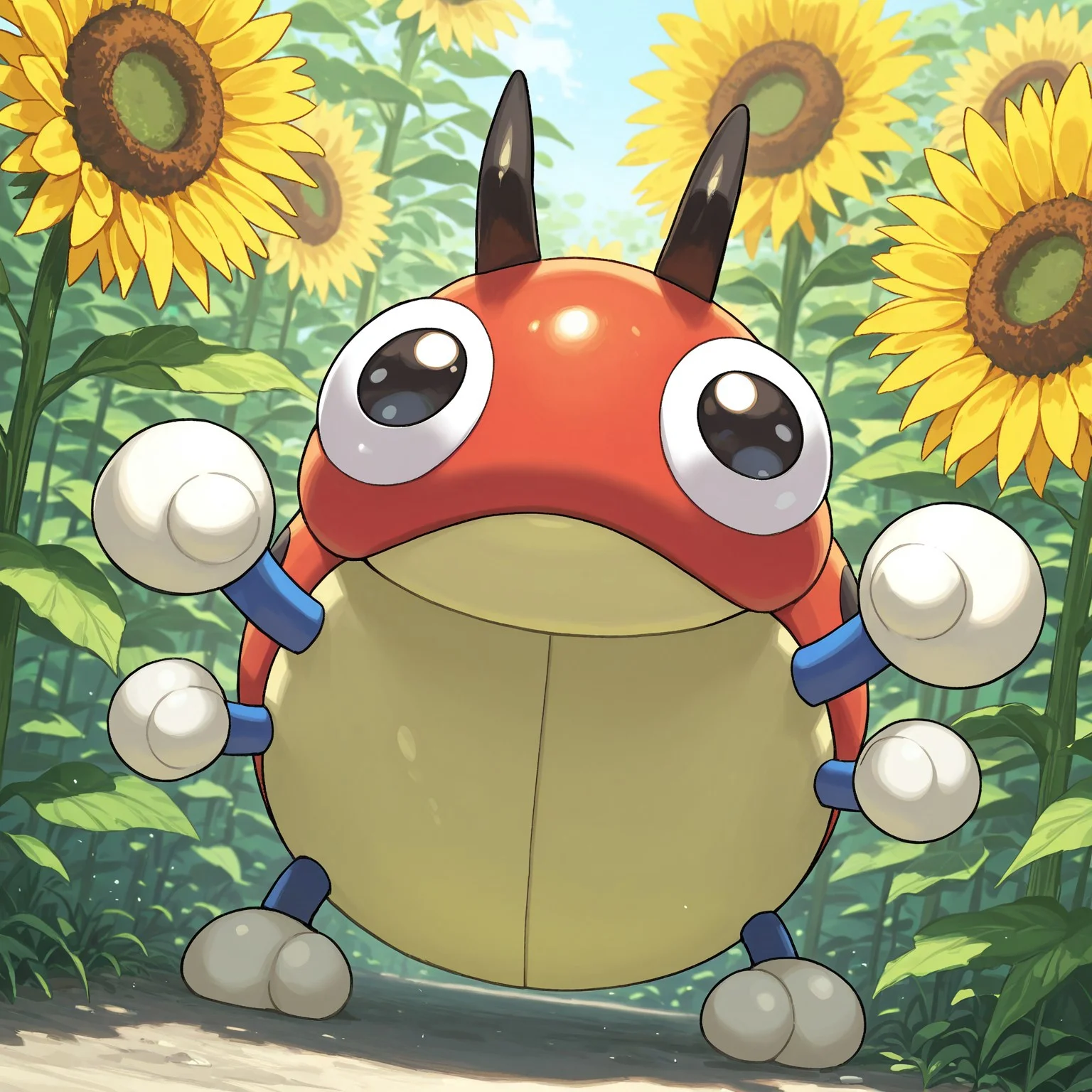 2d, solo, Pokemon (creature), Ledyba, insect, blue arms, white hands, multicolored body, red head, black antennae, black eyes, big pupils, closed wings
BREAK standing, smile, outside, sunny day, sunflowers,
BREAK best quality, amazing quality, very aesthetic, absurdres, newest, high quality, masterpiece