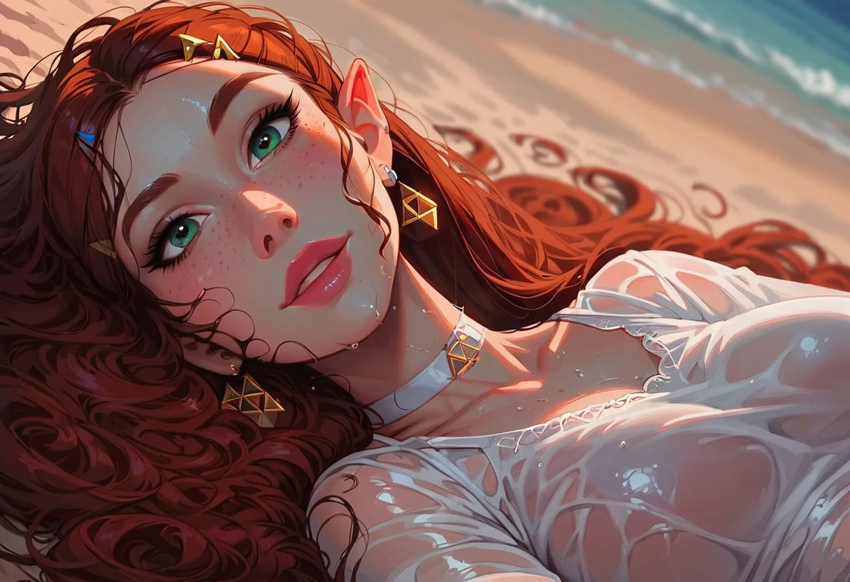 (score_9, score_8_up, score_7_up, score_6_up), source_cartoon, (high quality), (high resolution), 4k, perfect face, 1girl,(Princess Zelda),detailed face, Expressiveh, vibrant makeup, young woman,(very long curly auburn hair, very long auburn hair, wet hair), detailed green eyes, freckles, pale skin, milf body, wet body, slender waist, big boobs, extra wide hips, beautiful, adult, sexy, (wearing a white lace sundress,wet clothes,sheer ), ,choker,earrings, necklace, looking up at viewer, ((close-up angle, dynamic angle)),happy, BREAK, beach background, on the beach, laying down along the coast), BREAK, g0thicPXL, glowing, neon, romantic lighting,