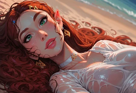 (score_9, score_8_up, score_7_up, score_6_up), source_cartoon, (high quality), (high resolution), 4k, perfect face, 1girl,(Princess Zelda),detailed face, Expressiveh, vibrant makeup, young woman,(very long curly auburn hair, very long auburn hair, wet hair), detailed green eyes, freckles, pale skin, milf body, wet body, slender waist, big boobs, extra wide hips, beautiful, adult, sexy, (wearing a white lace sundress,wet clothes,sheer ), ,choker,earrings, necklace, looking up at viewer, ((close-up angle, dynamic angle)),happy, BREAK, beach background, on the beach, laying down along the coast), BREAK, g0thicPXL, glowing, neon, romantic lighting,
