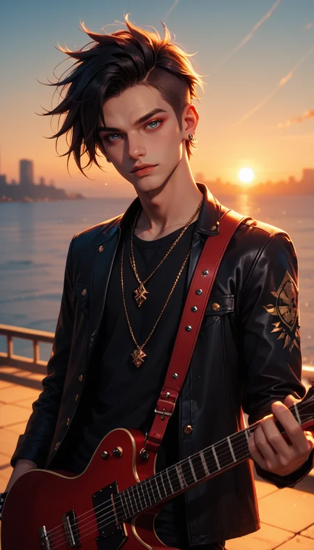 score_9, score_8_up, score_7_up, Portrait, A punk boy, playing an red guitar, high atop the rooftops, sunset, golden hour lighting, 4n1v3rs3, depth of field, dynamic angle, fashion photography, sharp, hyperdetailed:1.15