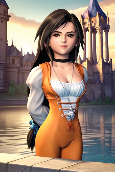 score_9,score_8_up,score_7_up,masterpiece,best quality,
garnet til alexandros xvii,1girl,orange bodysuit,bodysuit,long hair,solo,choker,low-tied long hair,breasts,necklace,brown eyes,cleavage,black hair,castle,arms behind back,light smile,standing,looking at viewer,closed mouth,
<lora:Garnet_PONY_XL:0.8>,