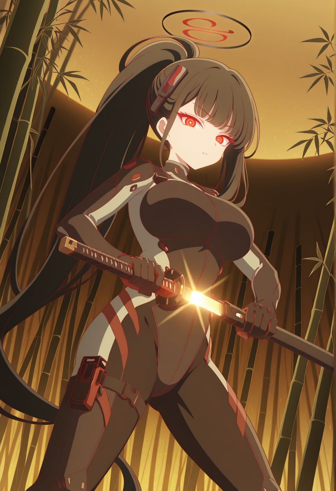 solo, 1girl, halo, very long hair, black hair, blint bangs, ponytail, red eyes, symbol-shaped pupils, hair ornament, bodysuit, bamboo forest, fighting stance, holding katana, unsheathing, glowing blade, outdoors, looking at viewer,  <lora:Rio_Bodysuit:1>, masterpiece, best quality, amazing quality, very aesthetic, absurdres, highres, newest