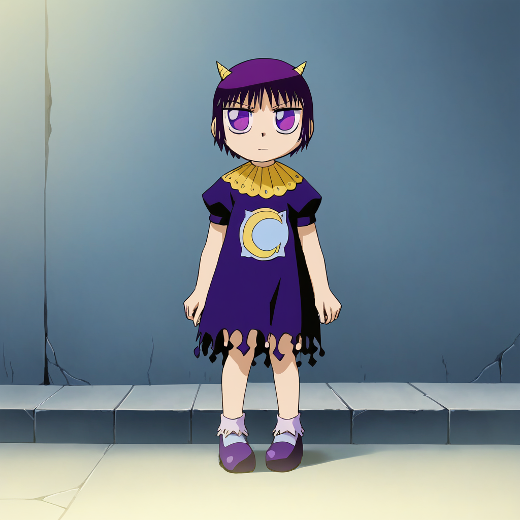 score_8_up, BREAK, laila, 1girl, solo, purple hair, short hair, purple eyes, horns , dress, purple footwear, full body,   <lora:Laila_ZatchBell_PXL_Leaf1:1>, outdoors,