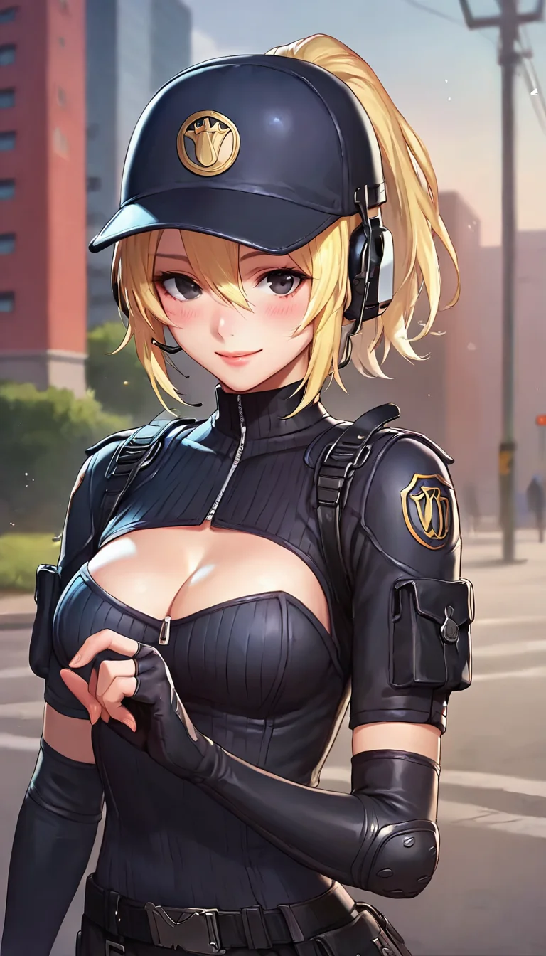 score_9,score_8_up,score_7_up,score_6_up BREAK official art,anime coloring,solo,outdoors,upper body,(portrait:1.5),looking at viewer,facing viewer,smile,blush,MaQue,baseball cap,headset,blonde hair,medium hair,short ponytail,parted bangs,hair between eyes,black eyes,lips,police uniform,black bodysuit,cleavage cutout,open-chest sweater,ribbed sweater,black sweater,black gloves,elbow gloves,fingerless gloves,elbow pads,medium breasts,belt,black pants,thigh holster,knee pads,black footwear,boots,<lora:MaQue(cf)-Pony:1.2>,