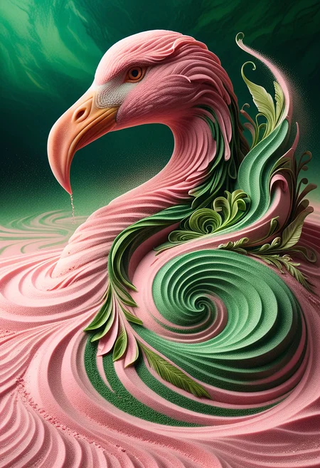 fantasy realism, nature portrait of the head and neck of a flamingo, made of pink sandswirl, pink swirling sand, watery background and bright green foliage, detailed, realistic, masterpiece, high detail, best quality, dynamic composition. <lora:SandSwirlLoRa:.8> <lora:add-detail-xl:1>