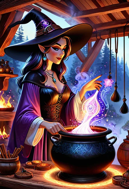 a witch brewing a potion in a cauldron, hat covered purple glowing runes, witch's hut, magical, smoke and sparkling lights, realistic cartoon