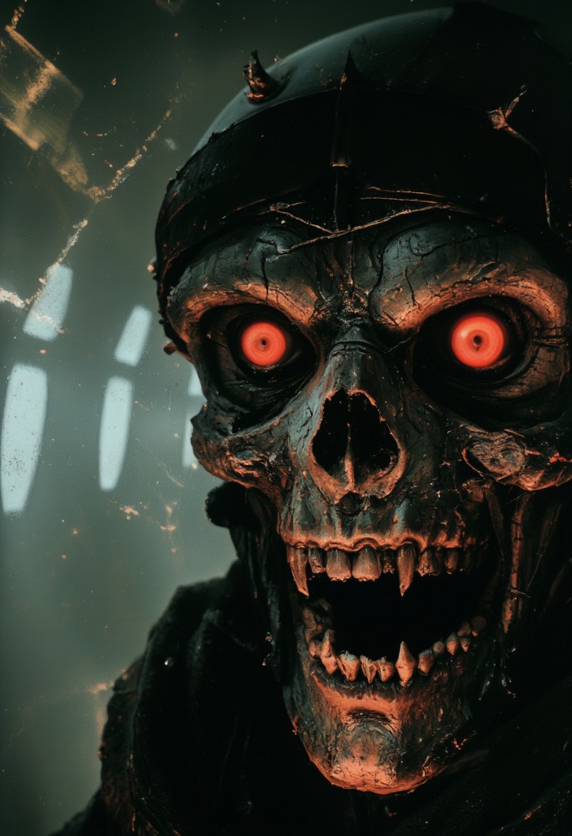 A dark, atmospheric close-up of a Shinigami's ghastly face, illuminated by the faded neon hues of a dystopian 80s sci-fi world. Its skeletal visage is warped and grotesque, with jagged, bone-like contours that seem to shimmer faintly with spectral pastel tones. Deep crimson eyes burn with an otherworldly glow, casting an eerie light onto its cracked, angular helmet, which bears the scars of countless ages. The sharp, decayed grin stretches unnaturally wide, revealing rows of crooked, shadowed teeth, exuding an aura of menacing delight.
The background fades into the grainy, lofi remnants of a derelict spaceport, where muted neon reflections and swirling smoke create a haunting bokeh effect. The pale glow of broken solar sails flickers weakly, highlighting the intricate cracks and grooves on the Shinigami's decayed features. Its tattered cloak, barely visible, drifts in the haze, as if moved by an invisible force.
The cinematic composition draws the viewer into the unsettling details of the Shinigami's deathly face—its hollow cheekbones, the cracks spiderwebbing across its ancient skull, and the faint shimmer of toxic dust clinging to its decayed form. A subtle film grain and soft volumetric lighting add to the melancholic, vintage aesthetic, capturing the terrifying beauty of this reaper from another world.
