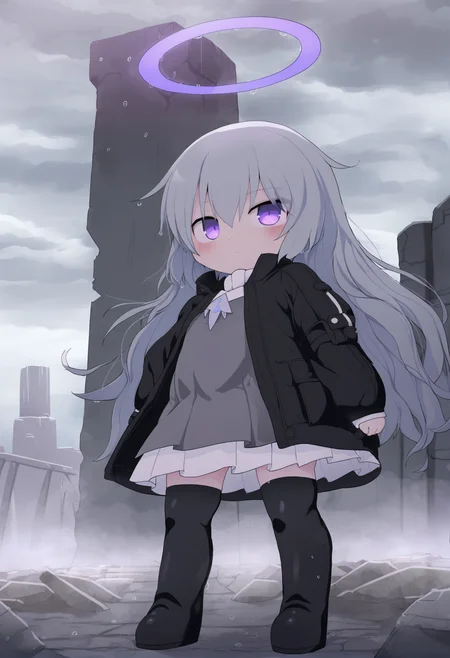 masterpiece, hyper detailed, best quality,(furry:1.3),F:\\AIxunlianji\\SWAV\\10 SWAV, 1girl, solo, long hair, dress, thighhighs, cloud, outdoors, thigh boots, standing, boots , sky, cloudy sky , rain, bangs, long sleeves, black dress, water, gun, black jacket, black footwear, purple eyes , jacket, grey hair, day, closed mouth, pleated dress, very long hair, looking at viewer, halo , rifle, black thighhighs, grey dress, ruins, full body, hair between eyes, capelet, puffy long sleeves ,<lora:DAGASIXLlokr8f-000188:0.95>