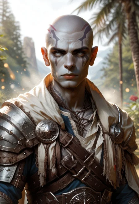 (((detailed, beautiful, high quality))), upper Body, score_9, score_8_up, score_7_up,
goliath, empty eyes, gray skin, stone skin, , body tattoo, face tattoo,
1male, bald,, blue tattoos, leather shoulder pad, shoulder strap, leather armor,
looking at the viewer, posing, blurred background, blurred fantasy background,