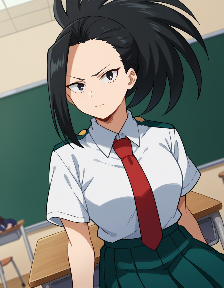 score_9, score_8_up, score_7_up, source_anime,
yaoyorozumomo, <lora:momo-yaoyorozu-ponyxl-lora-nochekaiser:1>,
yaoyorozu momo, long hair, bangs, black hair, ponytail, black eyes, high ponytail, wide ponytail,
skirt, shirt, school uniform, white shirt, short sleeves, pleated skirt, necktie, collared shirt, red necktie, green skirt, u.a. school uniform,
indoors, classroom, sitting, desk, chair,
looking at viewer, cowboy shot, dutch angle,