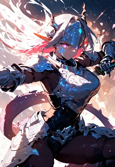 masterpiece, high score, great score, absurdres, looking at viewer, bright, vivid, deep shadows, soft mist, lens flare, strong contrast, cinematic, fantasy, 1 girl, elf, pointy ears, dragon tail, scales, glowing eyes, katana, serious, floating hair, falling cherry blossoms, lush colors, stunning background, prism glow, action shot, side view, knight armor, visor, ornamental hilt, glowing slash, screen tear, embers, Mount Hua, Murim, android