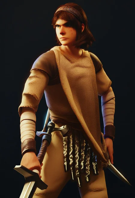 ,score_9, score_8_up, score_7_up,
SOTCWanda, 1girl, solo, simple background, brown hair, holding, weapon, hairband, sword, holding weapon, armor, holding sword, black background, freckles, realistic, chainmail, surcoat