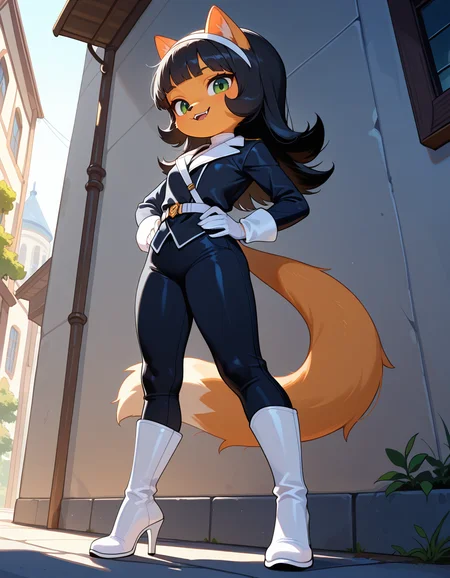 masterpiece, best quality, very aesthetic, absurdres,
outdoors, posing, 
white gloves, white high heel boots, black pants, black jacket, long sleeves, 
smile, parted lips, fangs, 
<lora:Kitty_Katswell_v01_NAIXL:1>
K1tty_Kat6w3311, 1girl, solo, furry, furry female, animal ears, long hair, black hair, hairband, blunt bangs, flipped hair, green eyes, animal nose, body fur, orange fur, cat tail,